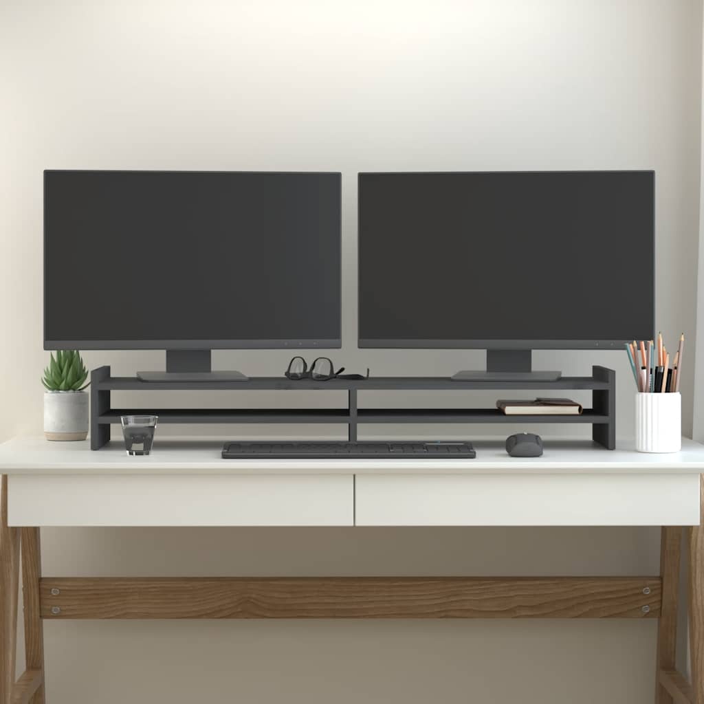 Stalak za monitor sivi 100x27x15 cm od masivne borovine
