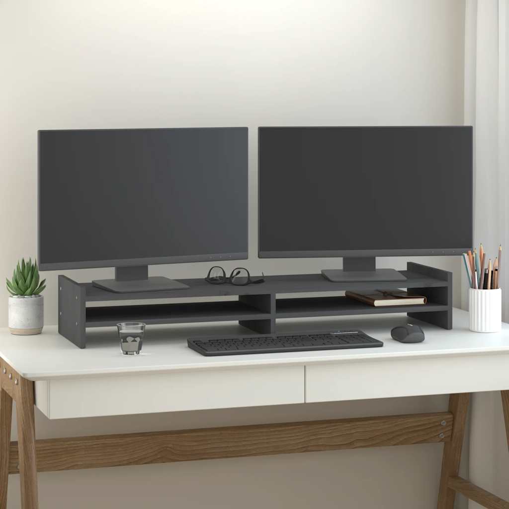 Stalak za monitor sivi 100x27x15 cm od masivne borovine