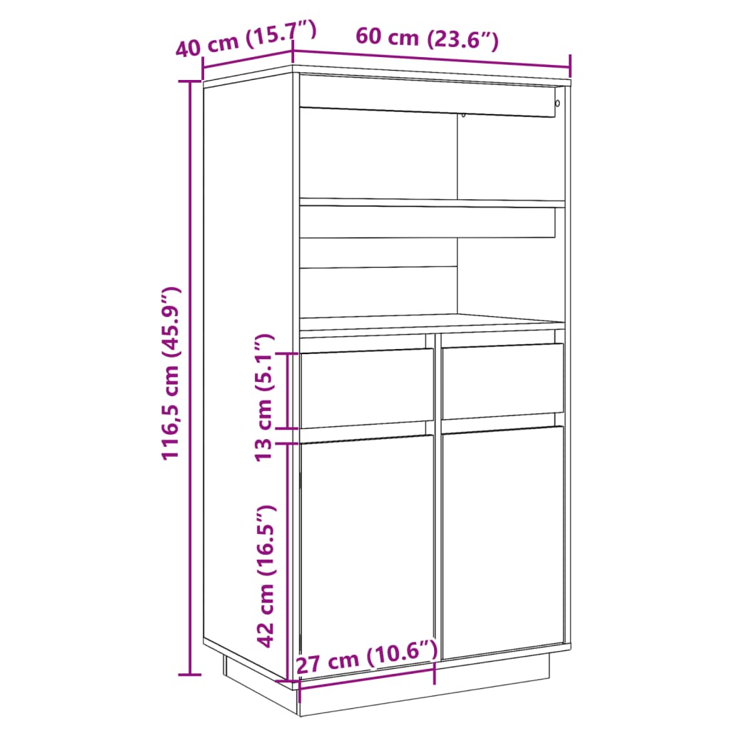 Visoka komoda siva 60 x 40 x 116,5 cm od masivne borovine