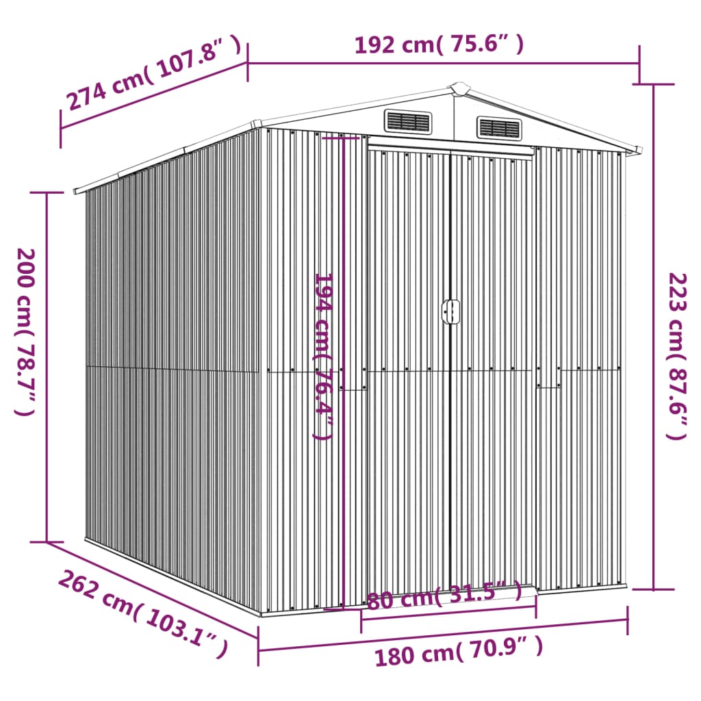 Vrtno spremište svjetlosivo 192x274x223 cm pocinčani čelik