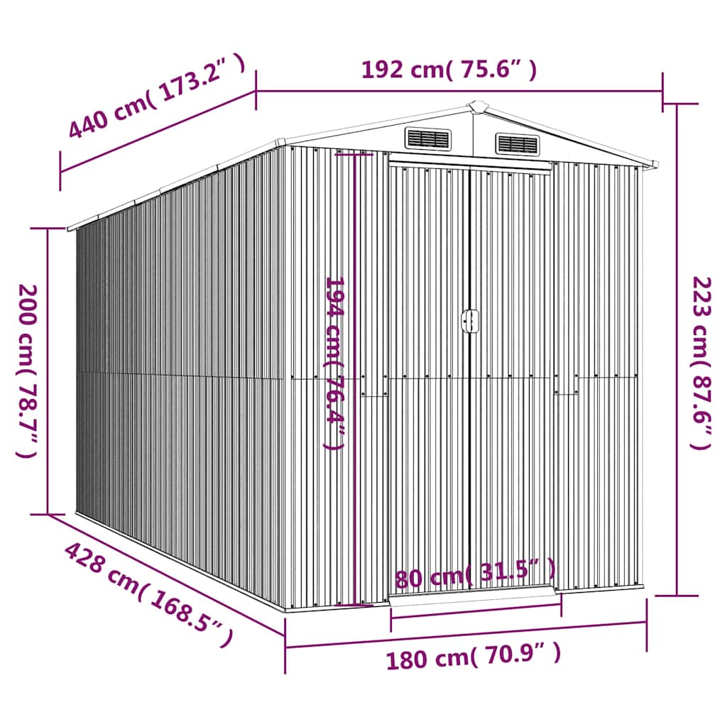 Vrtno spremište svjetlosivo 192x440x223 cm pocinčani čelik