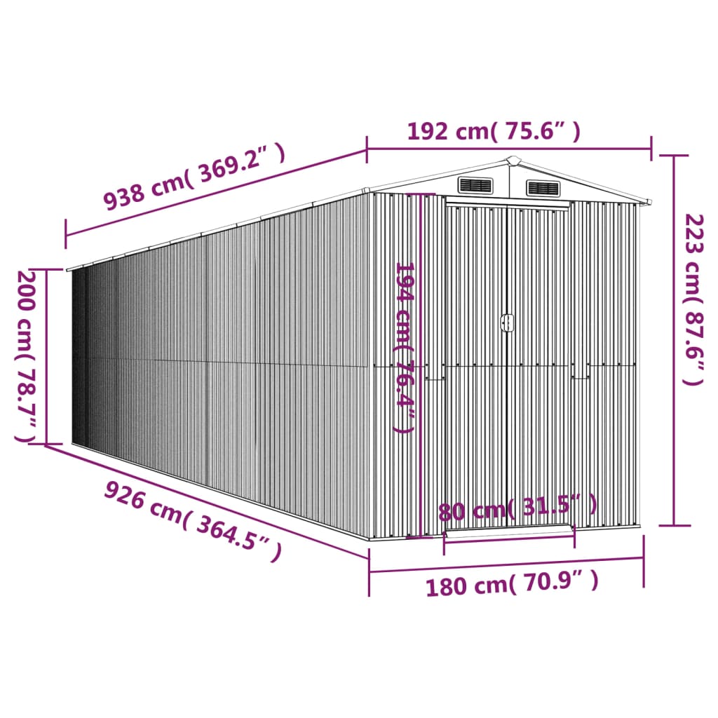 Vrtno spremište svjetlosivo 192x938x223 cm pocinčani čelik