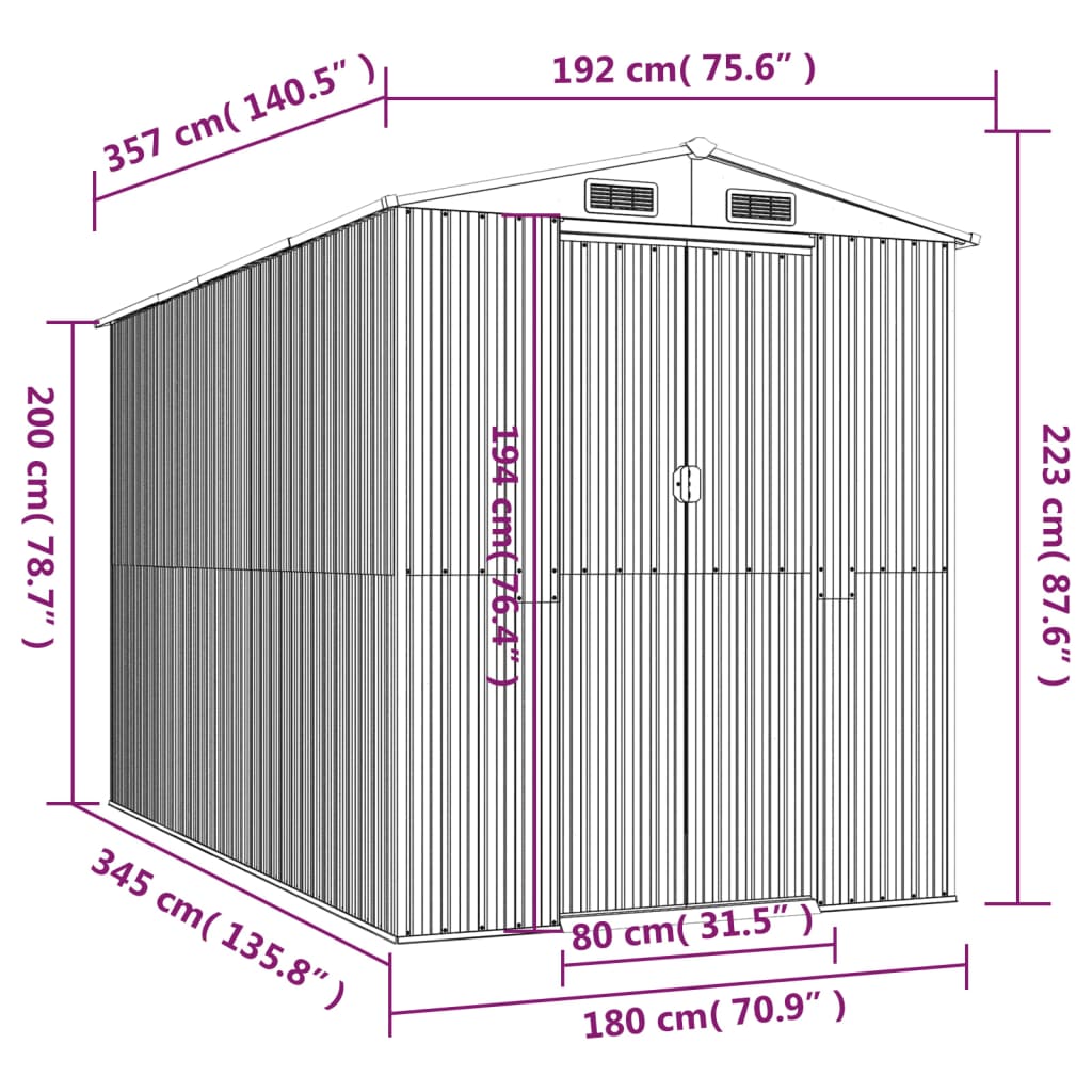 Vrtno spremište antracit 192 x 357 x 223 cm pocinčani čelik