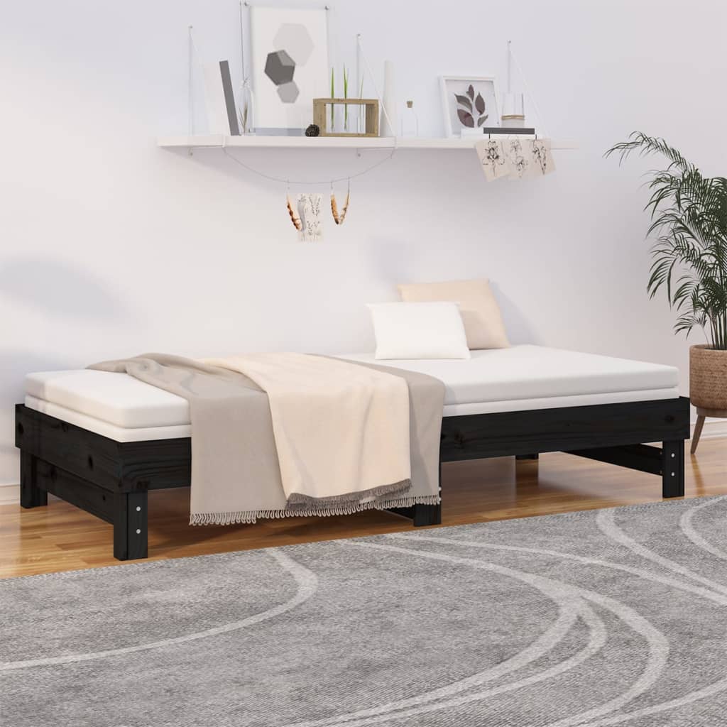 Dnevni ležaj na izvlačenje crni 2x(100x200) cm masivna borovina