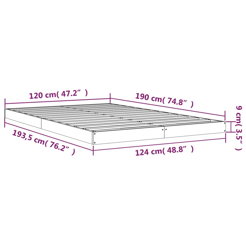 Okvir kreveta crni 120 x 190 cm mali bračni od masivne borovine