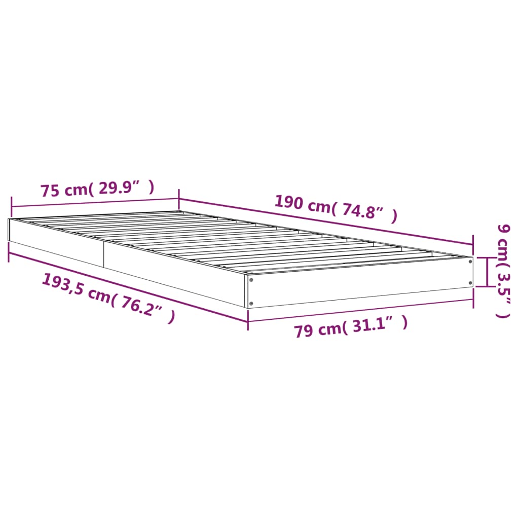Okvir kreveta bijeli 75 x 190 cm mali od masivne borovine