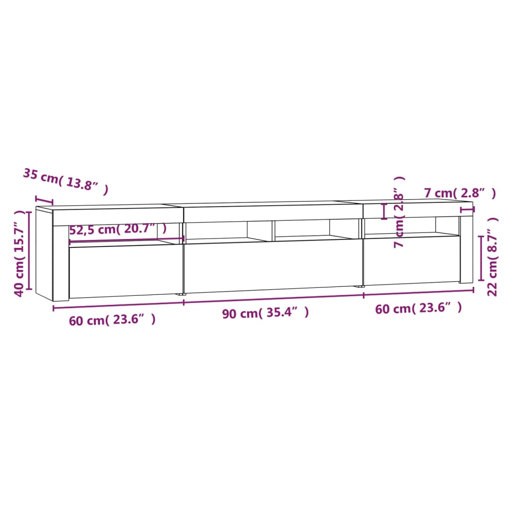 TV ormarić s LED svjetlima siva boja betona 210x35x40 cm