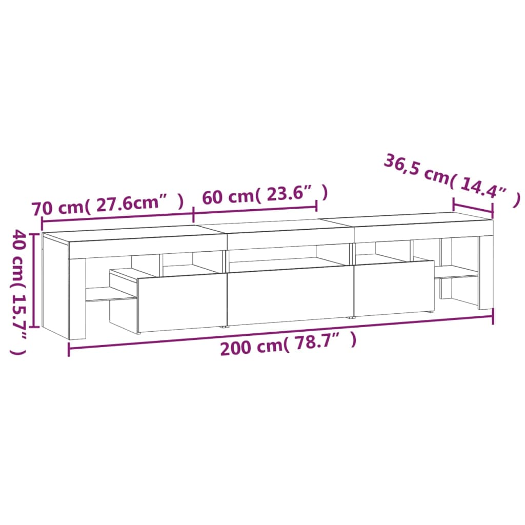 TV ormarić s LED svjetlima siva boja betona 200x36,5x40 cm