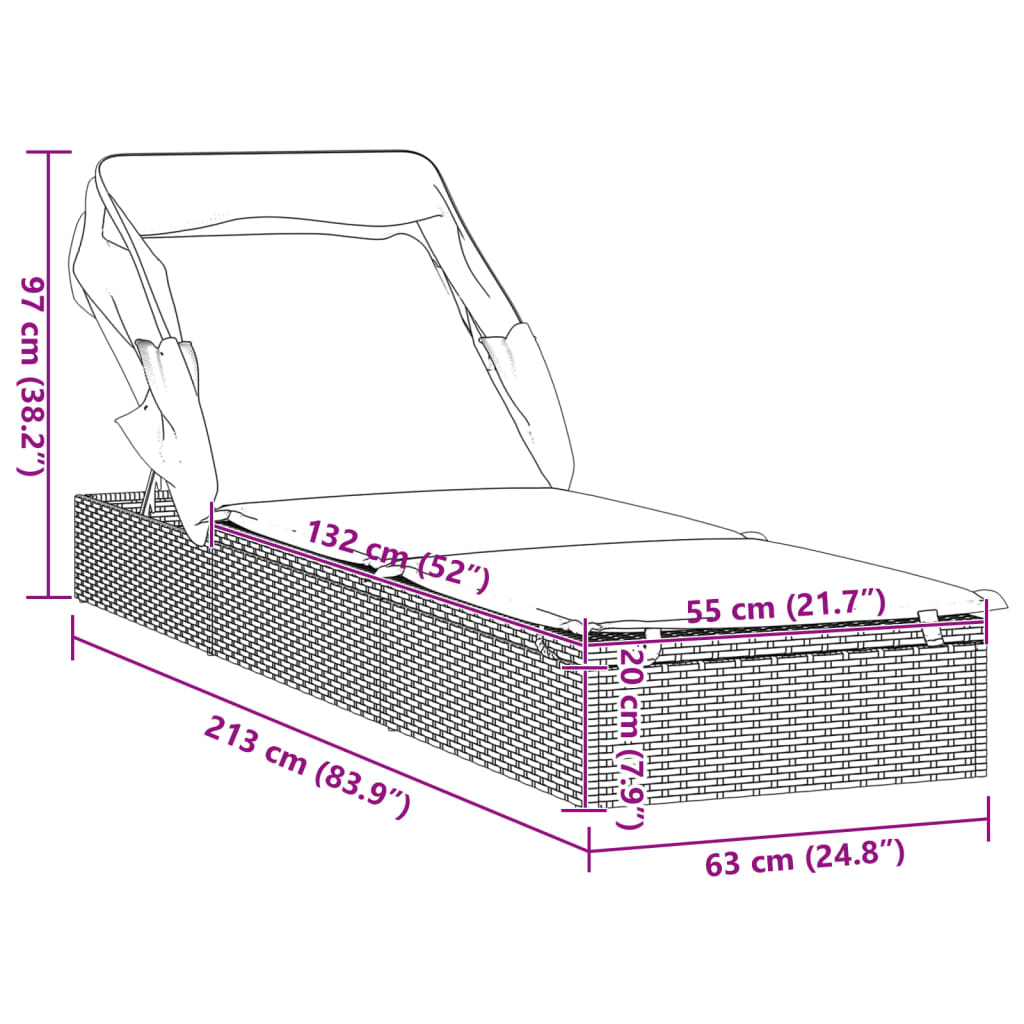 Ležaj za sunčanje sklopivi krov crni 213 x 63 x 97 cm poliratan