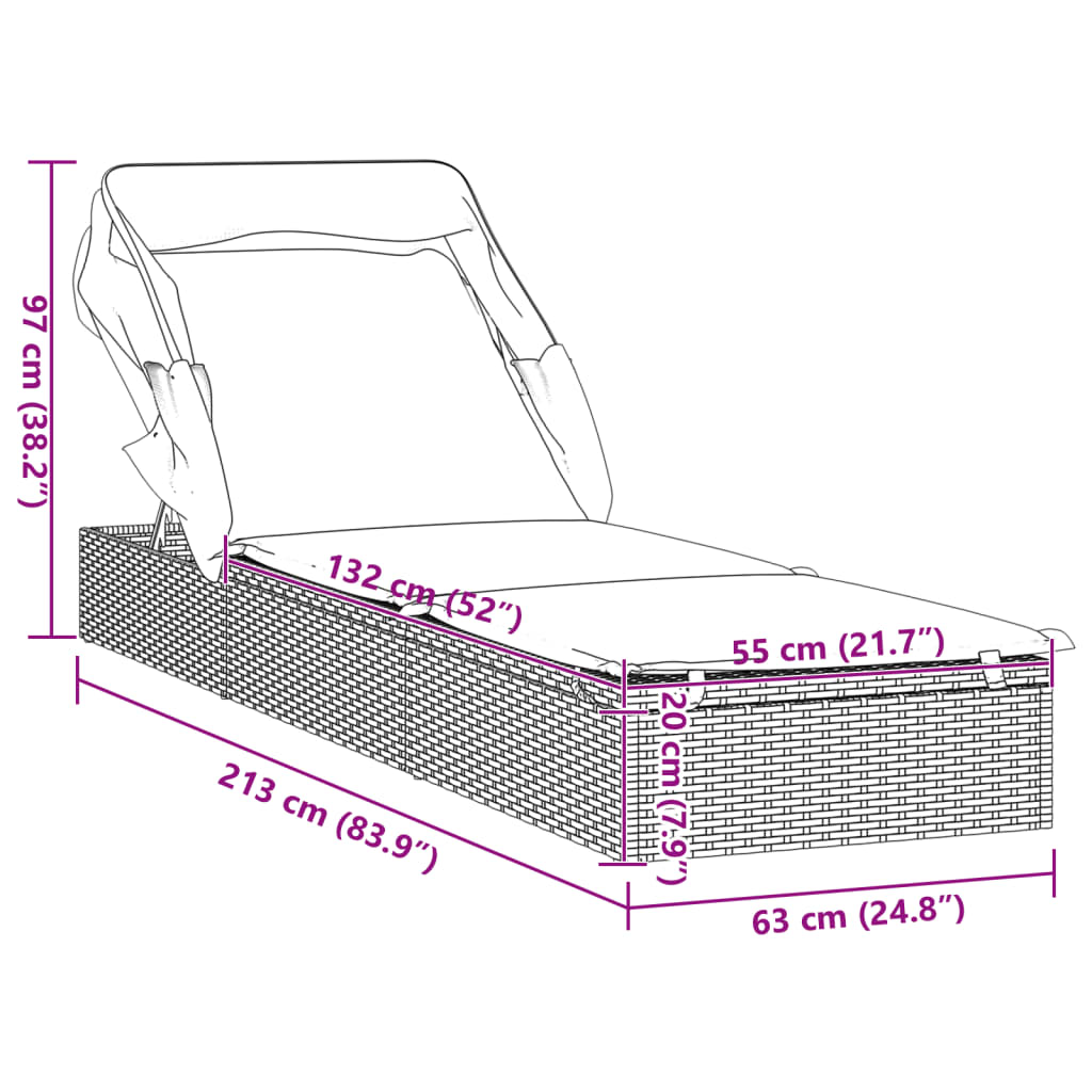 Ležaj za sunčanje sklopivi krov crni 213 x 63 x 97 cm poliratan