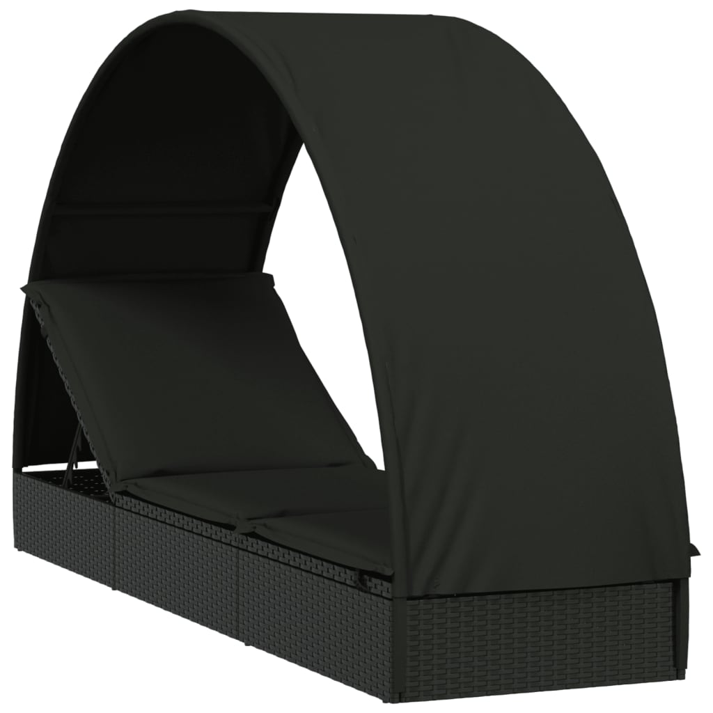 Ležaj za sunčanje s krovom crni 211 x 57 x 140 cm poliratan
