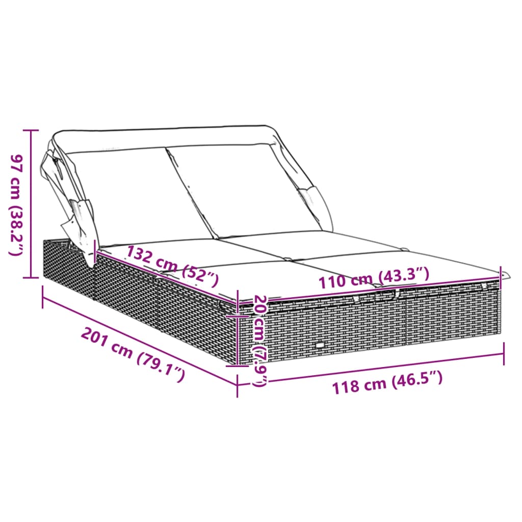 Ležaj za sunčanje za 2 osobe sivi 213 x 118 x 97 cm poliratan