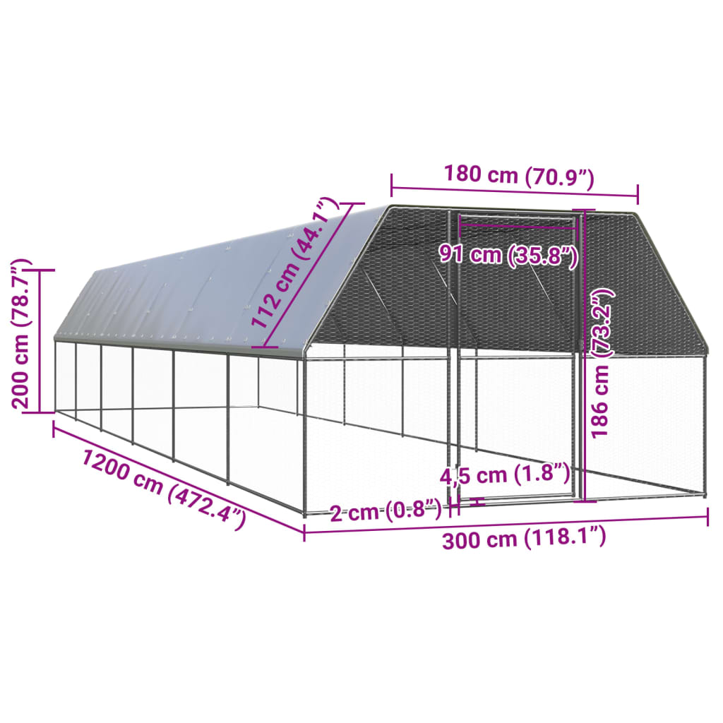 Vanjski kavez za kokoši 3 x 12 x 2 m od pocinčanog čelika
