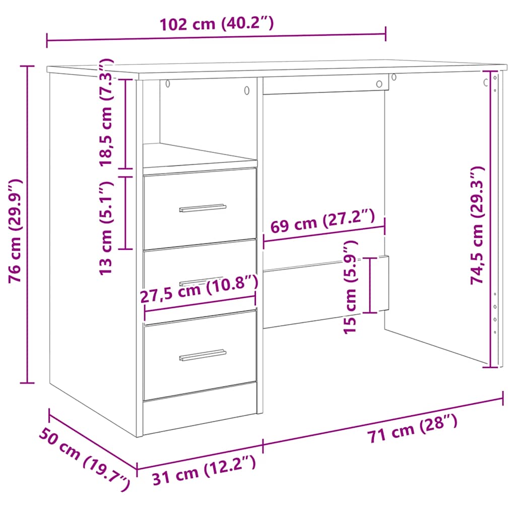 Radni stol boja sonome hrasta 102x50x76 cm konstruirano drvo