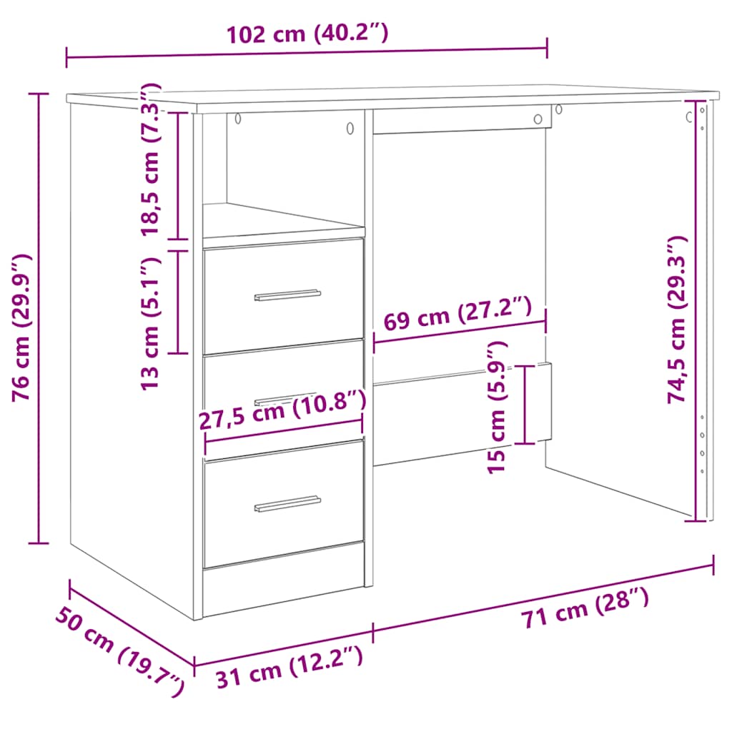 Radni stol siva boja betona 102x50x76 cm konstruirano drvo