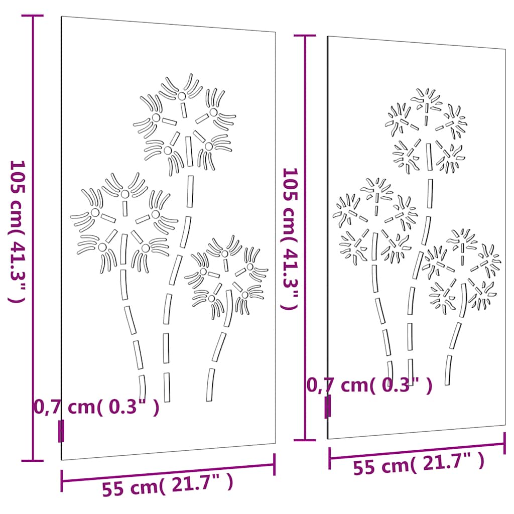 Vrtni zidni ukrasi 2 kom 105x55 cm čelik COR-TEN cvjetni uzorak