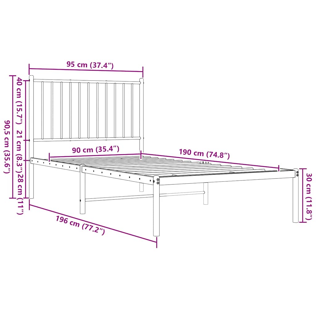 Metalni okvir za krevet s uzglavljem crni 90x190 cm
