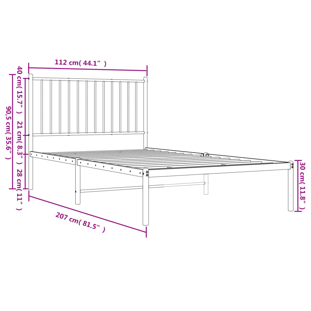 Metalni okvir za krevet s uzglavljem crni 107x203 cm