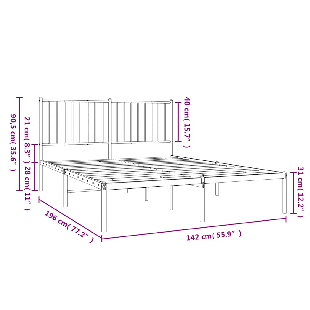 Metalni okvir za krevet s uzglavljem crni 135x190 cm