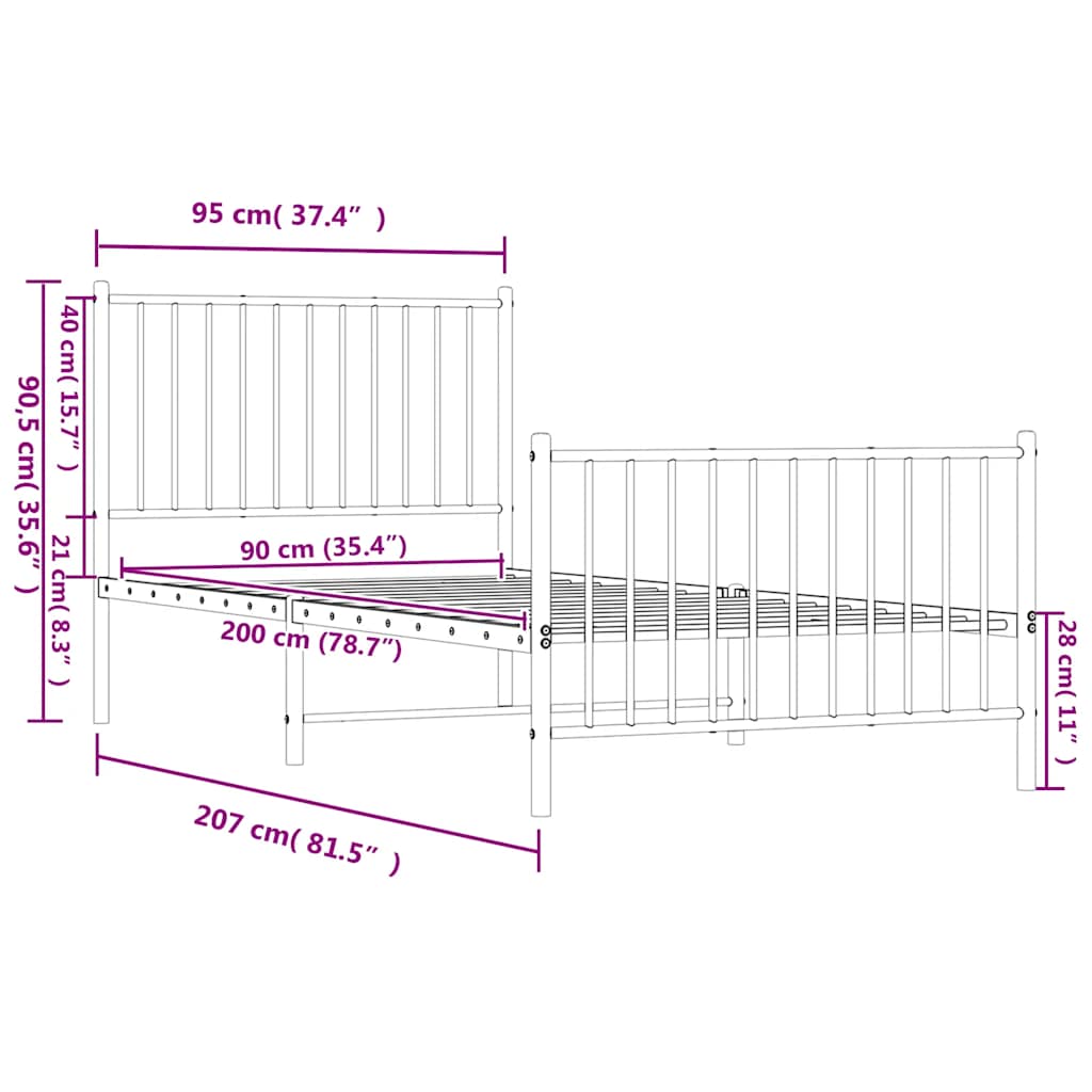 Metalni okvir kreveta uzglavlje i podnožje bijeli 90 x 200 cm