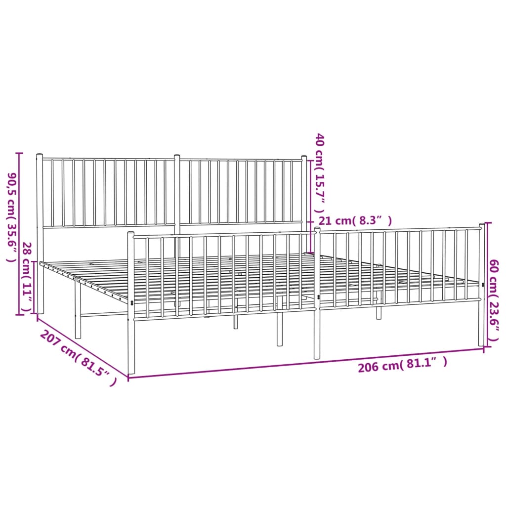 Metalni okvir kreveta uzglavlje i podnožje bijeli 200x200 cm