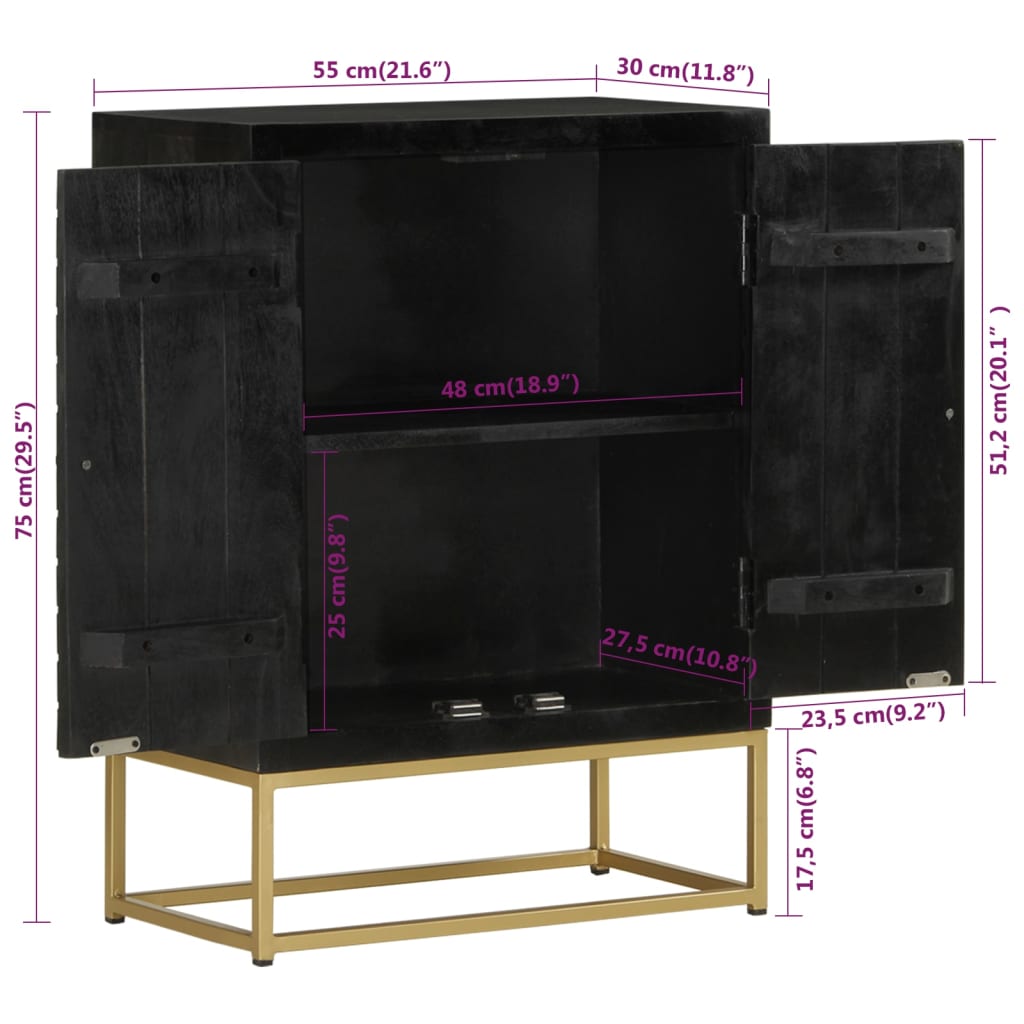 Komoda s 2 vrata crno-zlatna 55 x 30 x 75 cm masivno drvo manga
