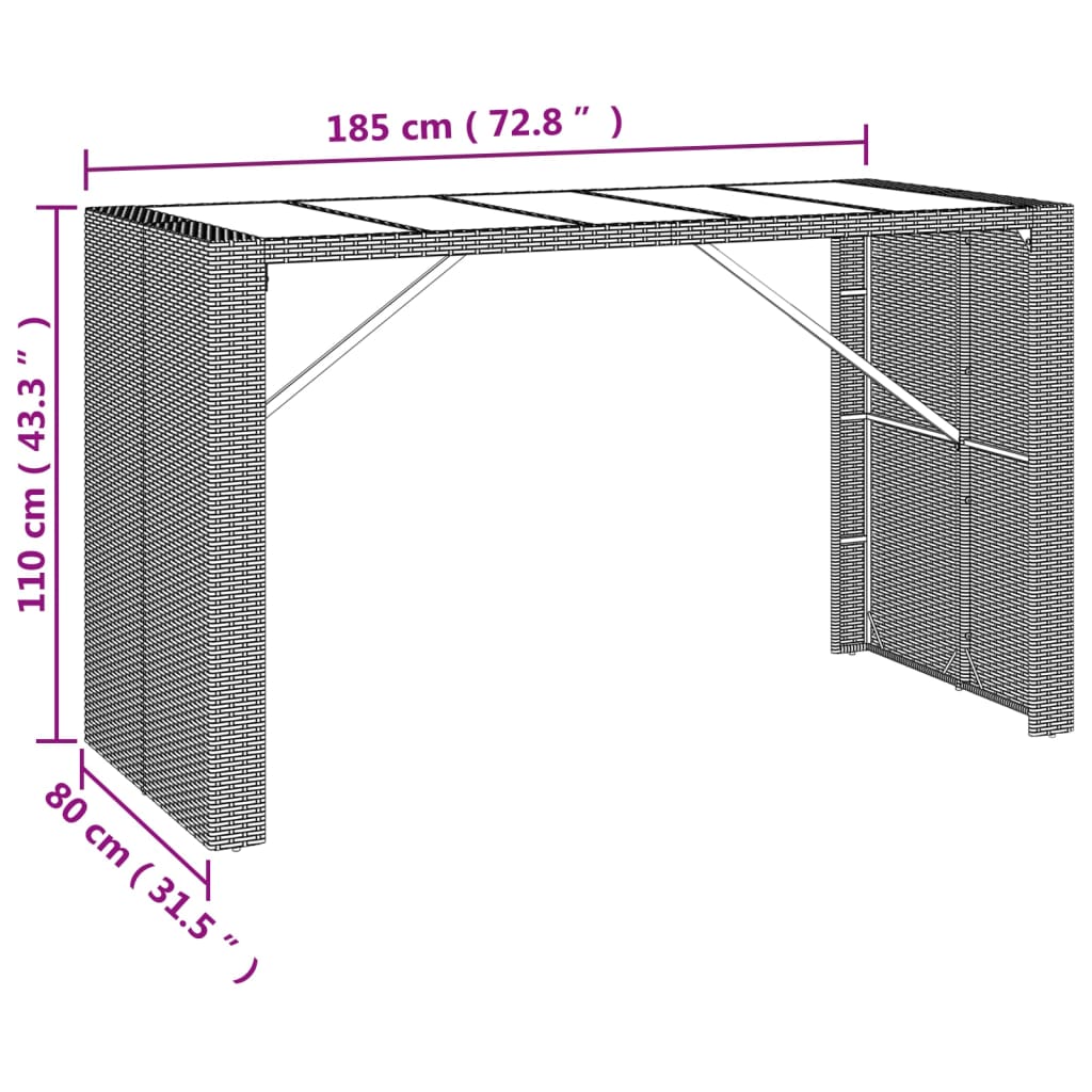Barski stol sa staklenom pločom sivi 185x80x110 cm poliratan