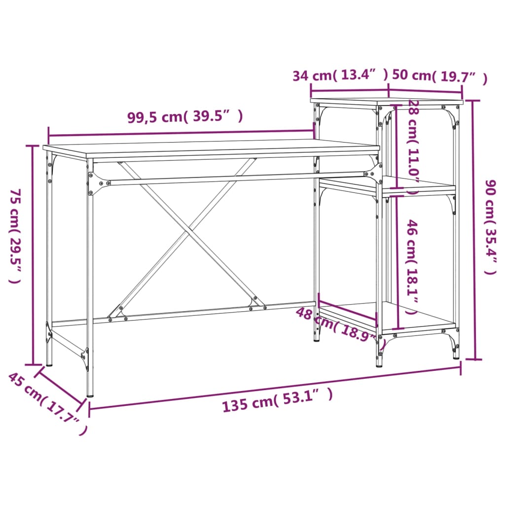 Radni stol s policama boja hrasta 135x50x90 cm drvo i željezo