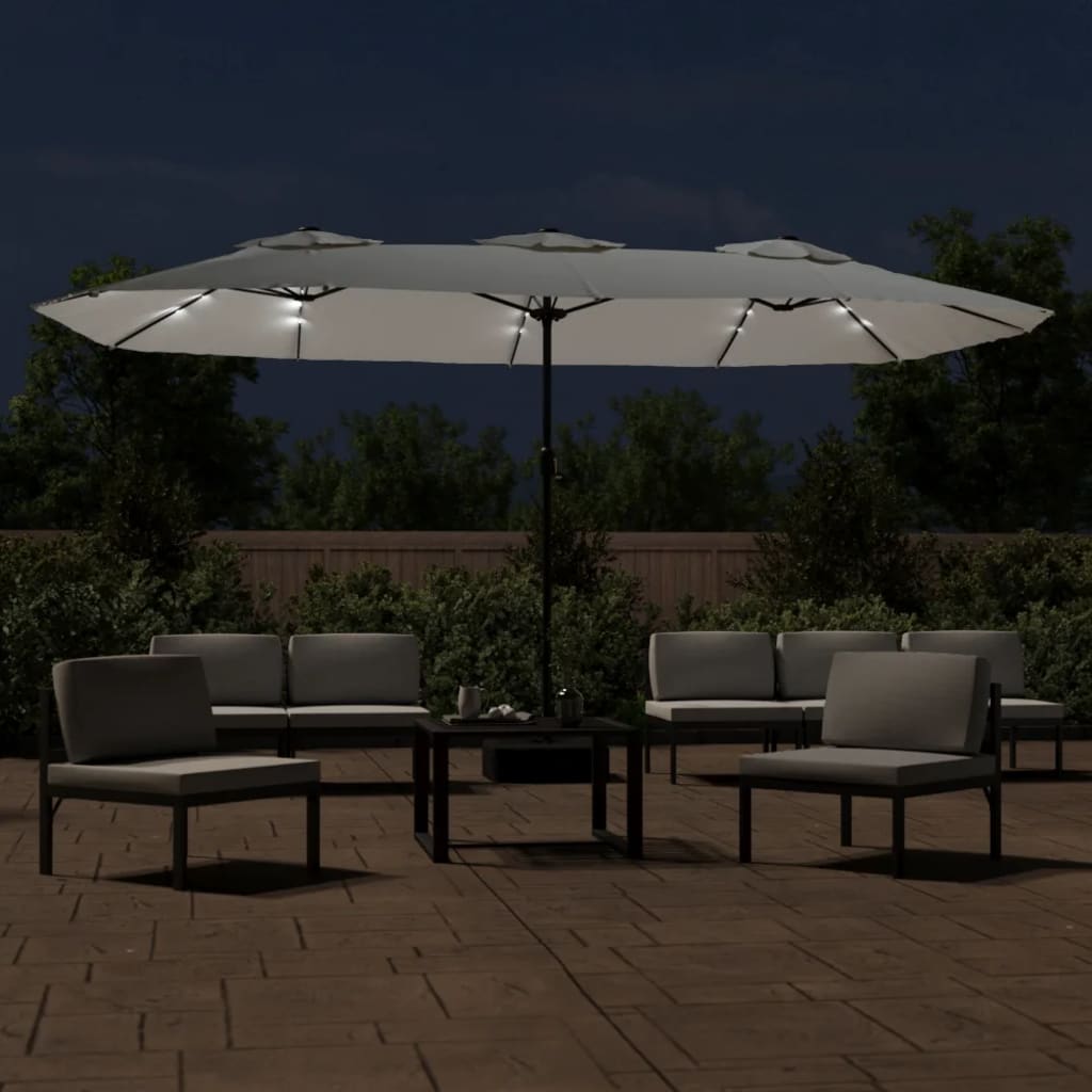 Dvostruki vrtni suncobran LED pješčano bijeli 449 x 265 cm