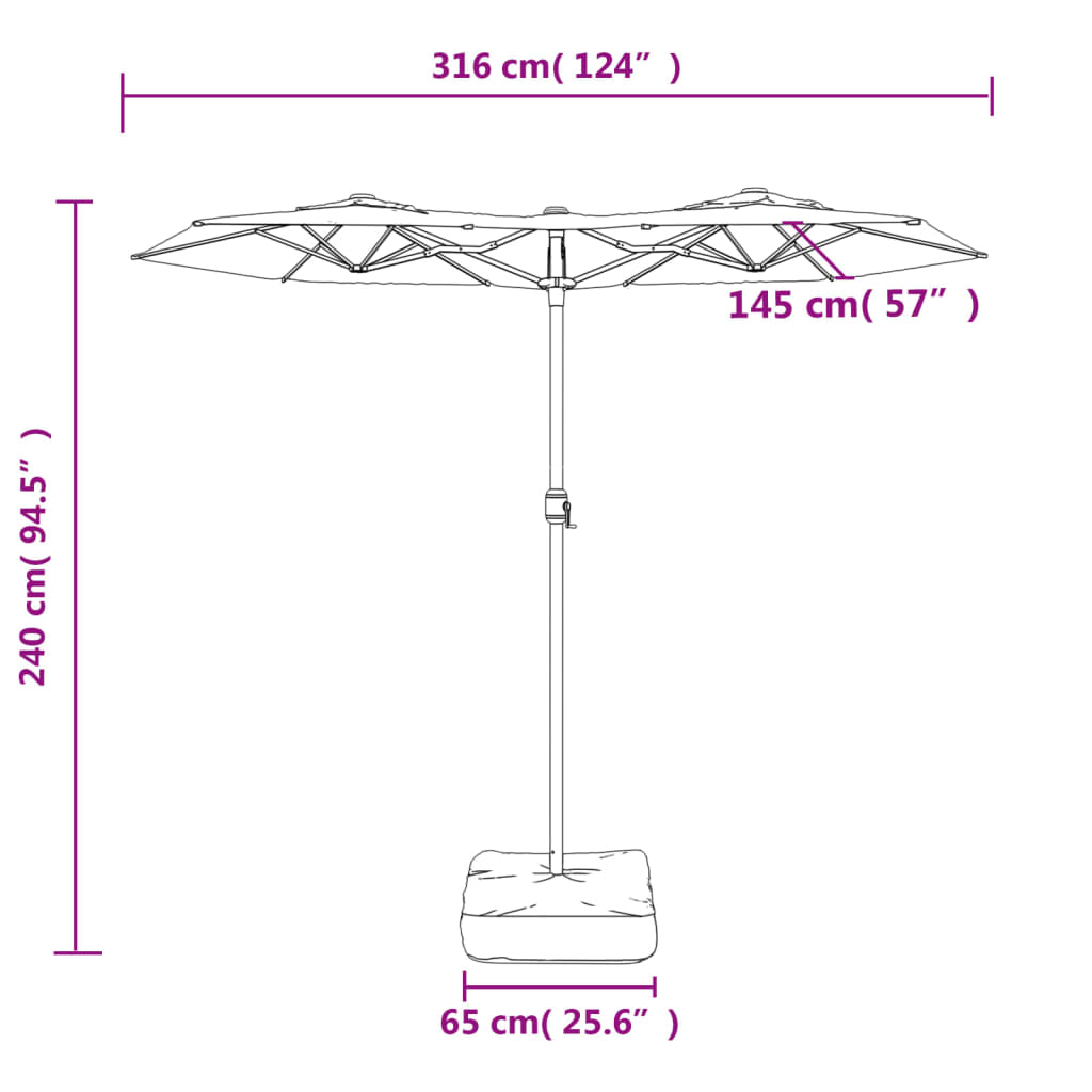 Dvostruki vrtni suncobran s LED svjetlima smeđesivi 316x145 cm
