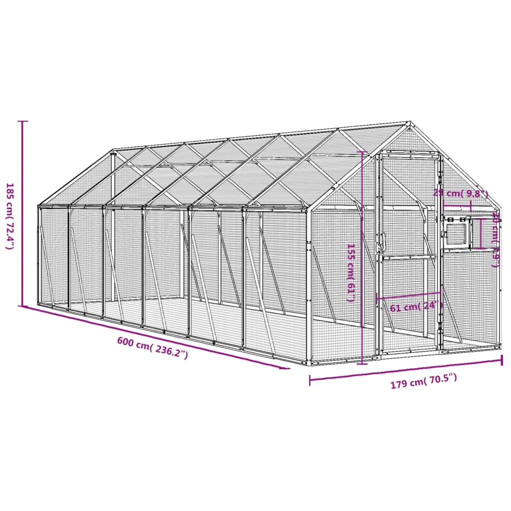 Kavez za ptice srebrni 1,79x6x1,85 m aluminijski