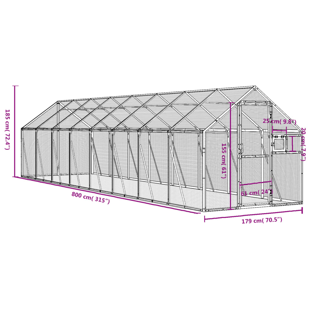 Kavez za ptice srebrni 1,79x8x1,85 m aluminijski
