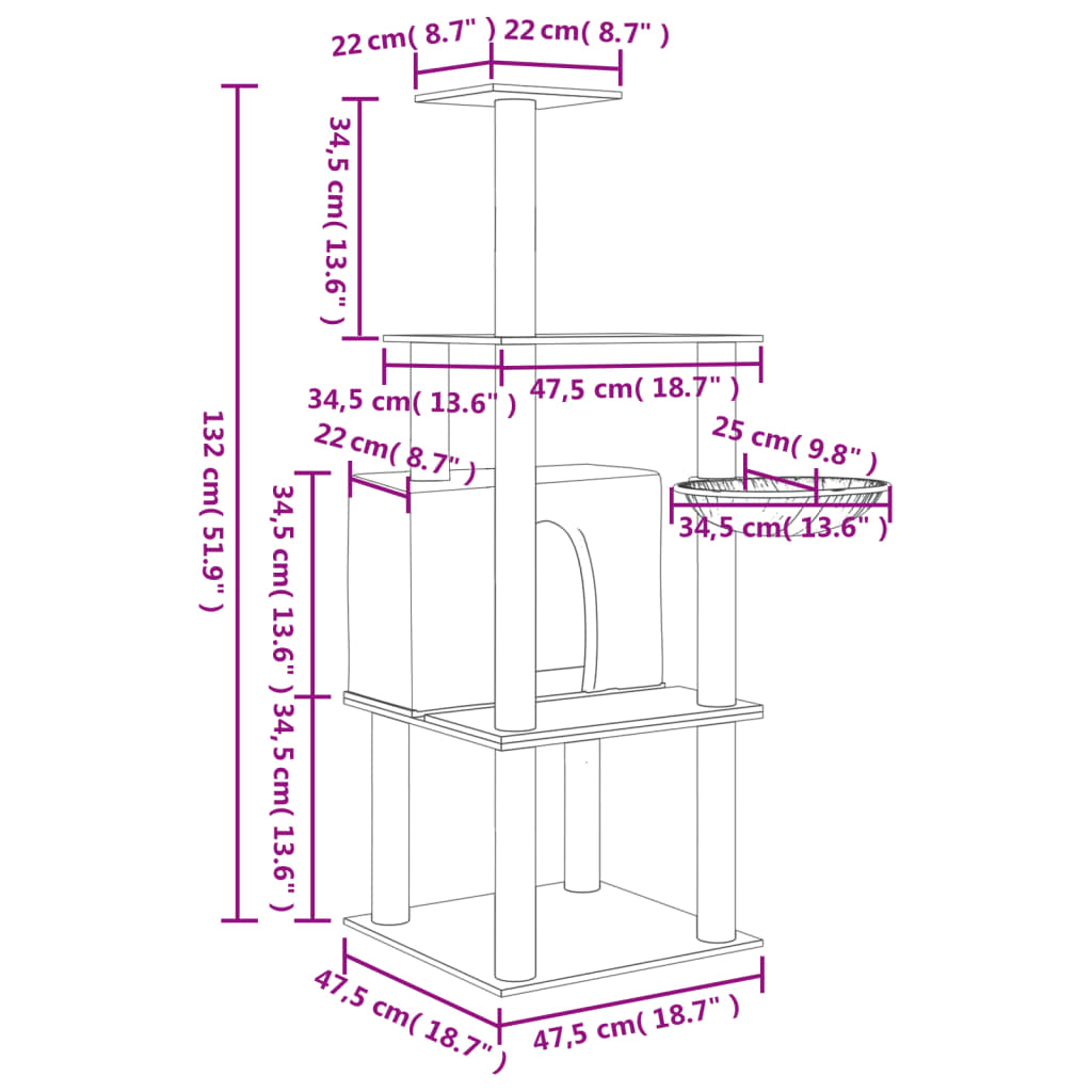 Penjalica za mačke sa stupovima za grebanje krem 132 cm