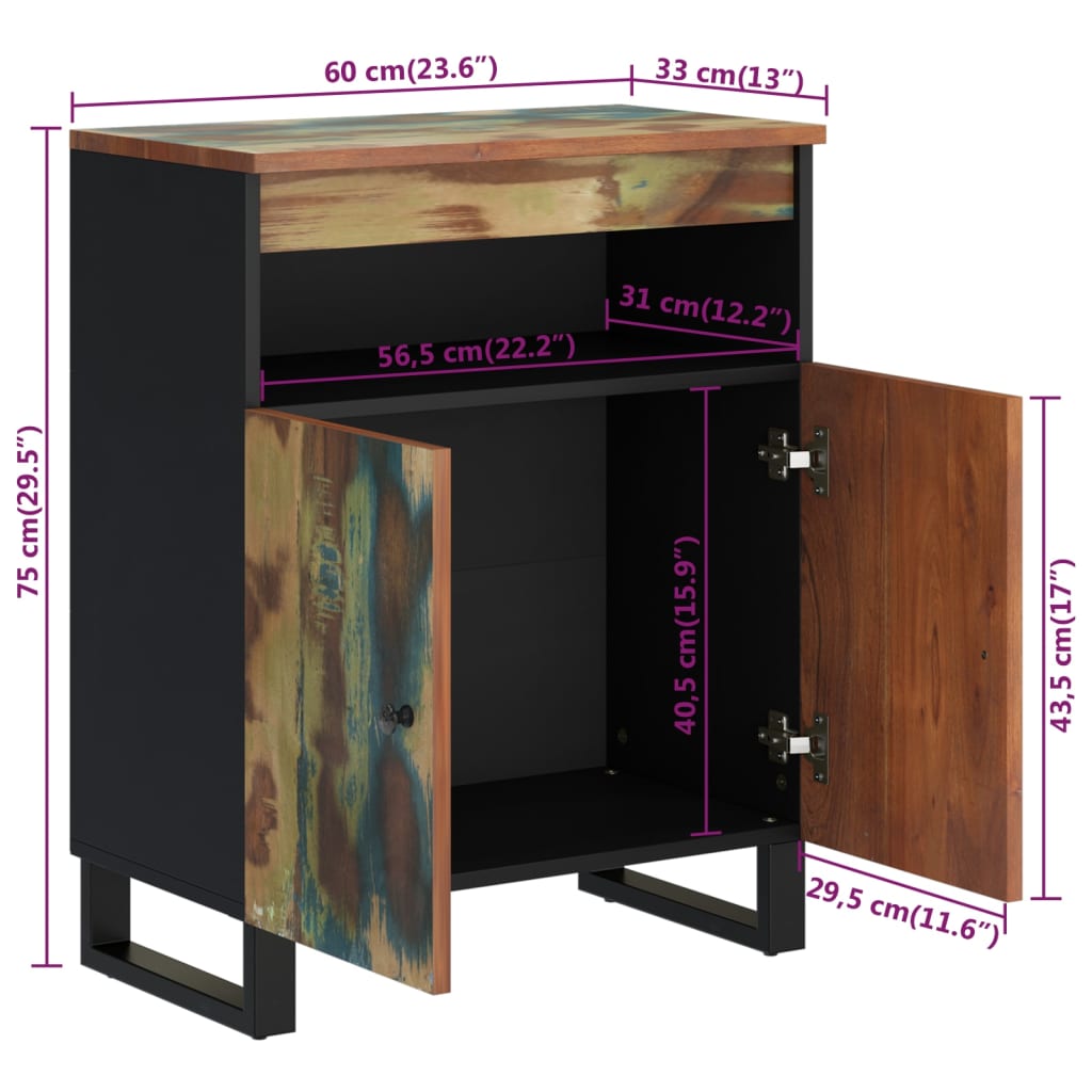 Komoda s 2 vrata 60 x 33 x 75 cm od masivnog obnovljenog drva