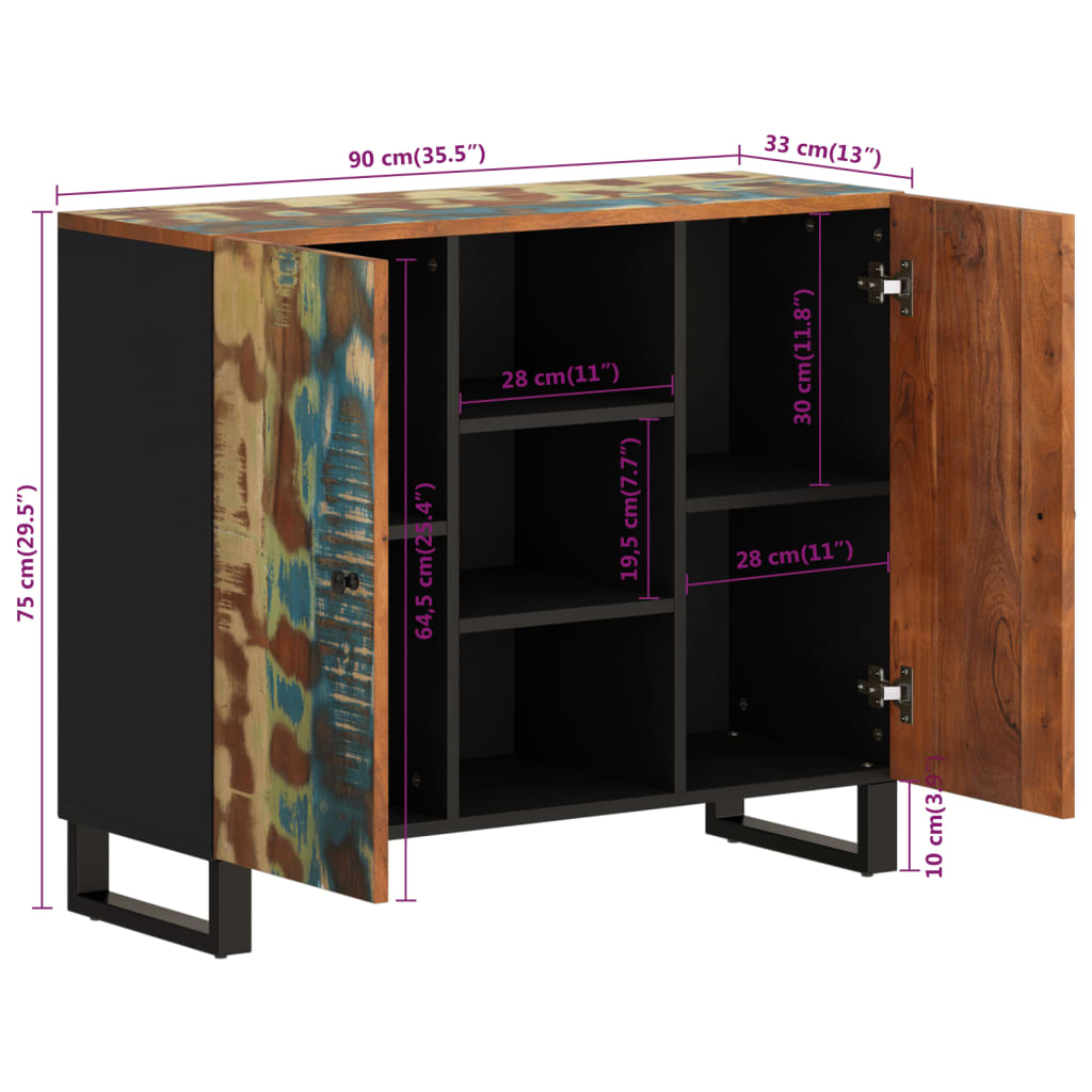Komoda s 2 vrata 90 x 33 x 75 cm od masivnog obnovljenog drva