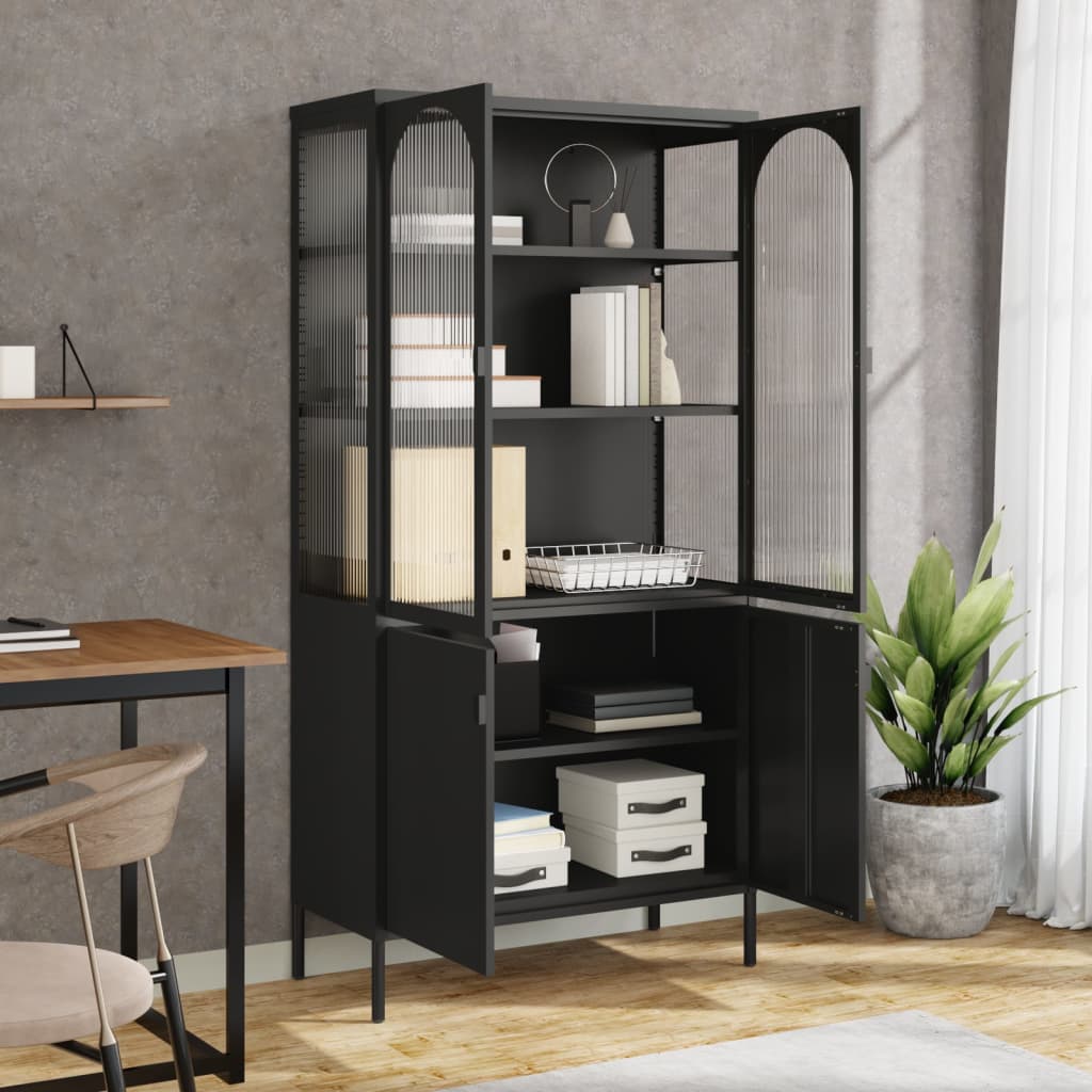 Visoka komoda crna 90 x 40 x 180 cm od stakla i čelika