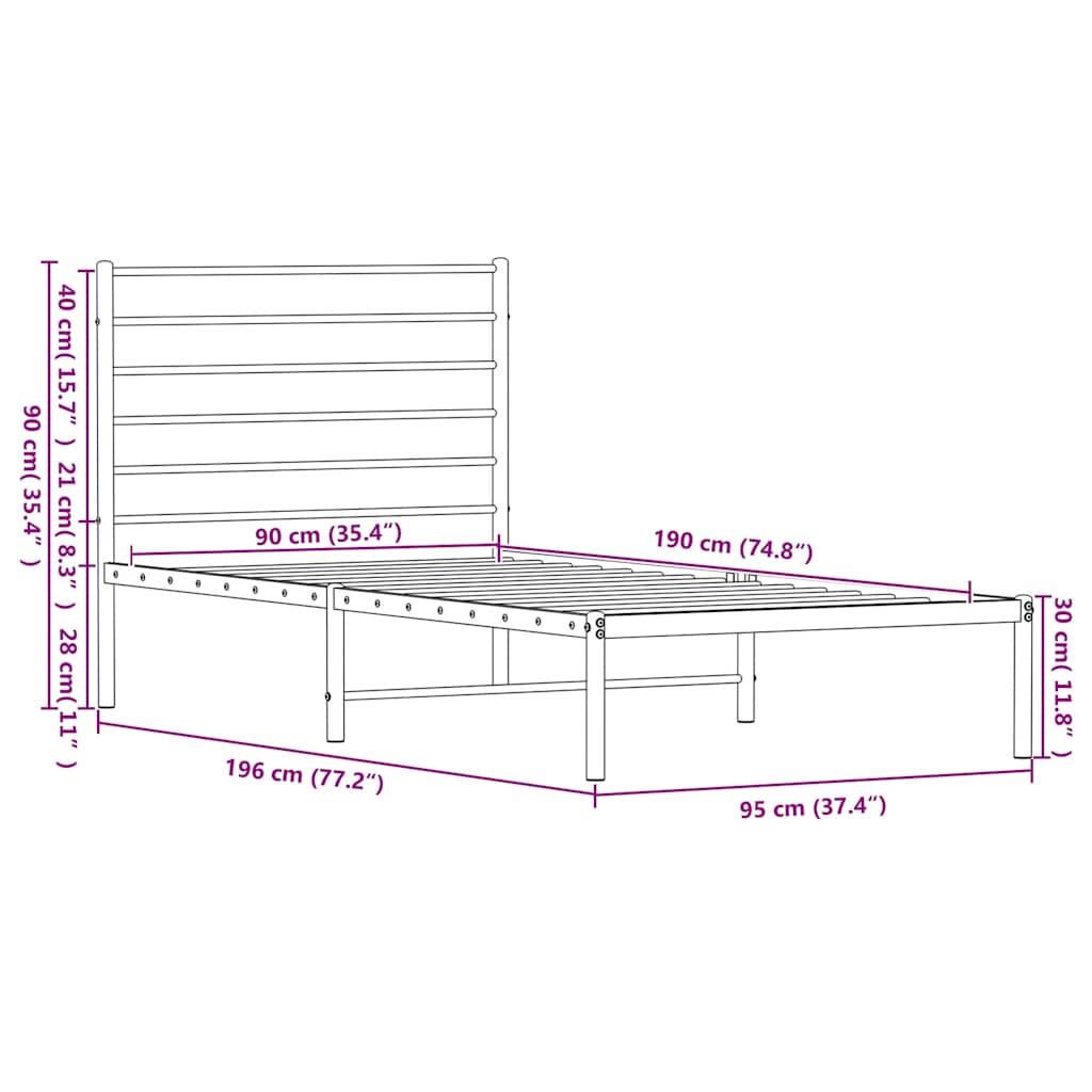 Metalni okvir za krevet s uzglavljem crni 90x190 cm