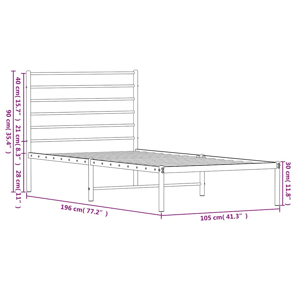 Metalni okvir za krevet s uzglavljem crni 100x190 cm