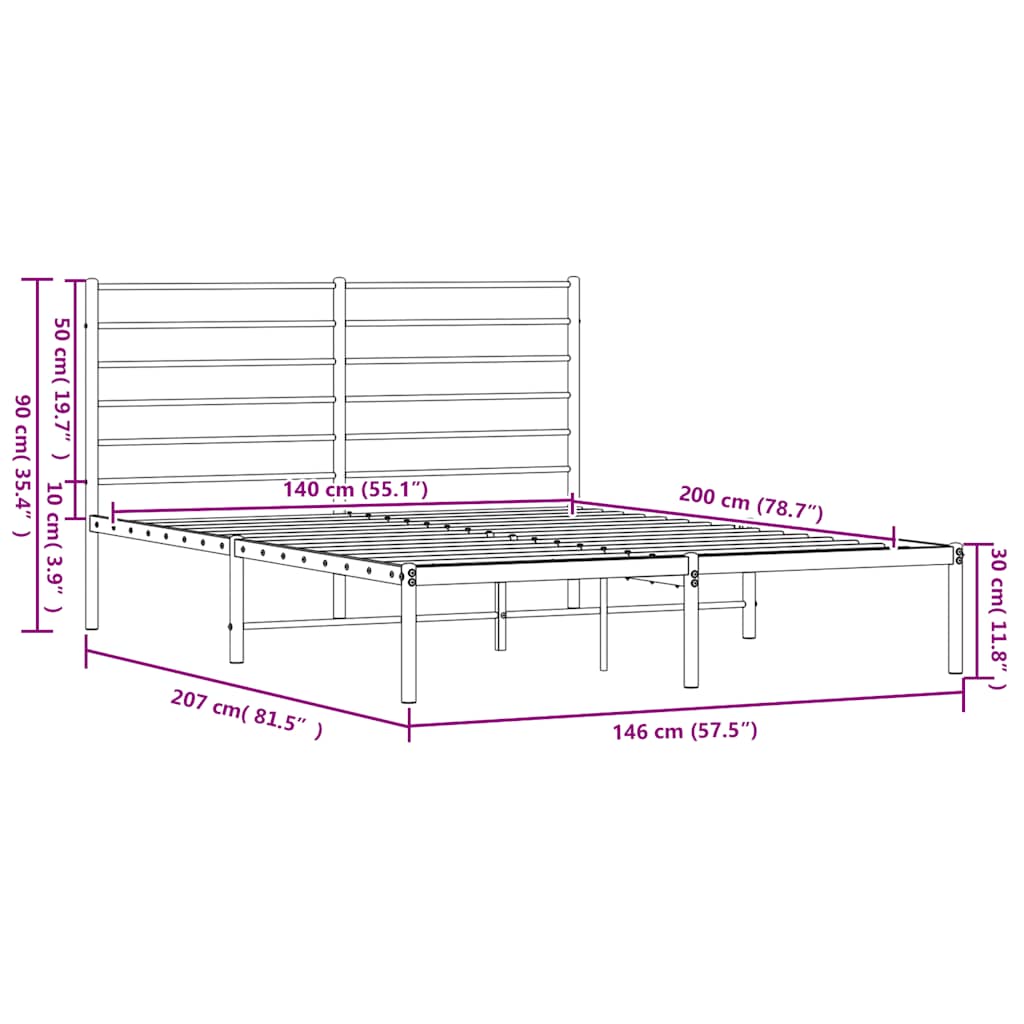 Metalni okvir za krevet s uzglavljem crni 140x200 cm
