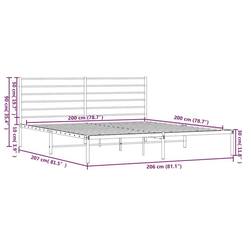 Metalni okvir za krevet s uzglavljem crni 200x200 cm