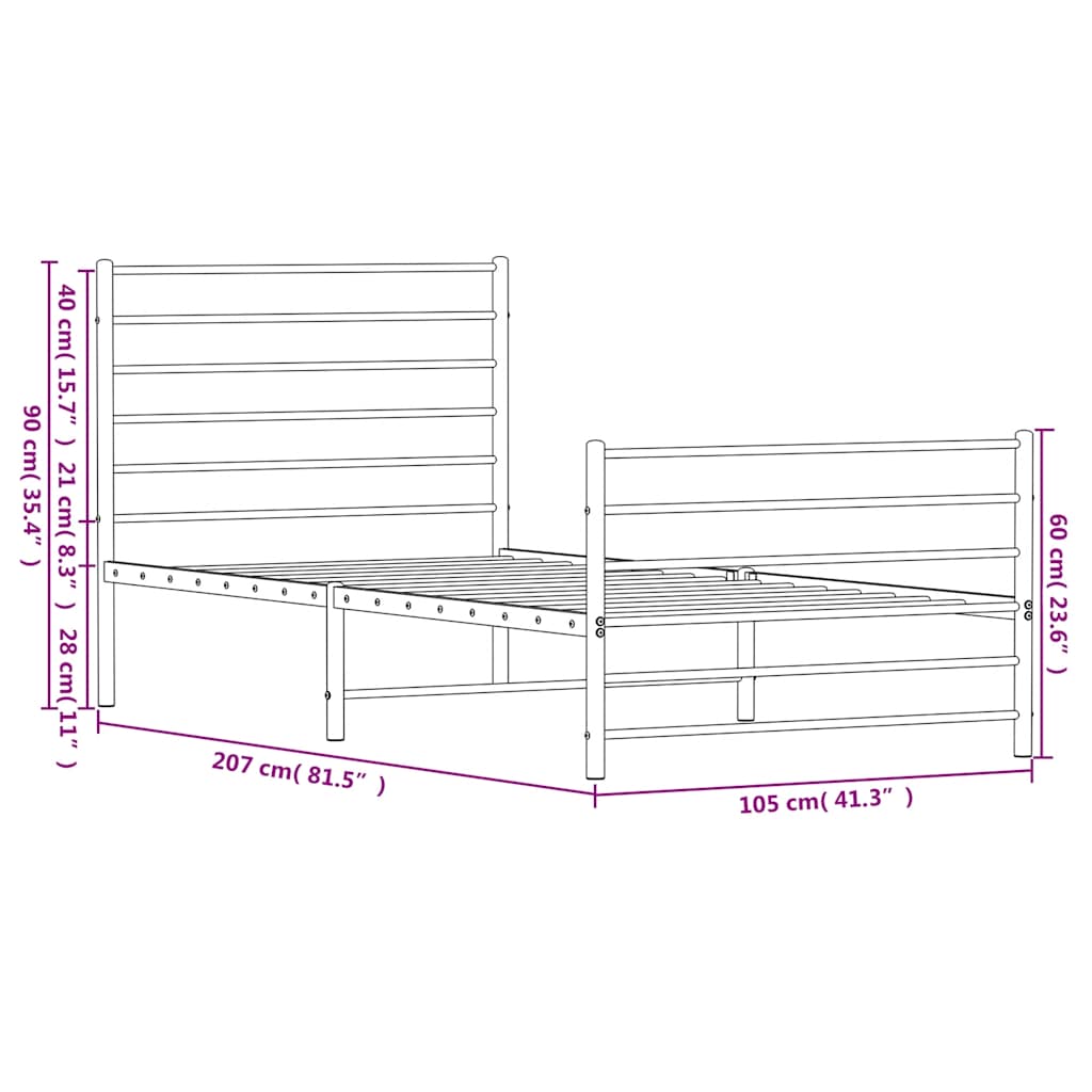 Metalni okvir kreveta uzglavlje i podnožje crni 100x200 cm