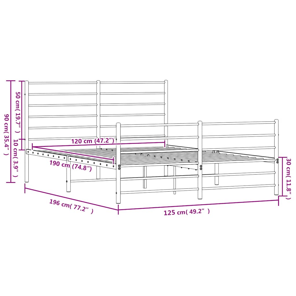 Metalni okvir kreveta uzglavlje i podnožje crni 120x190 cm