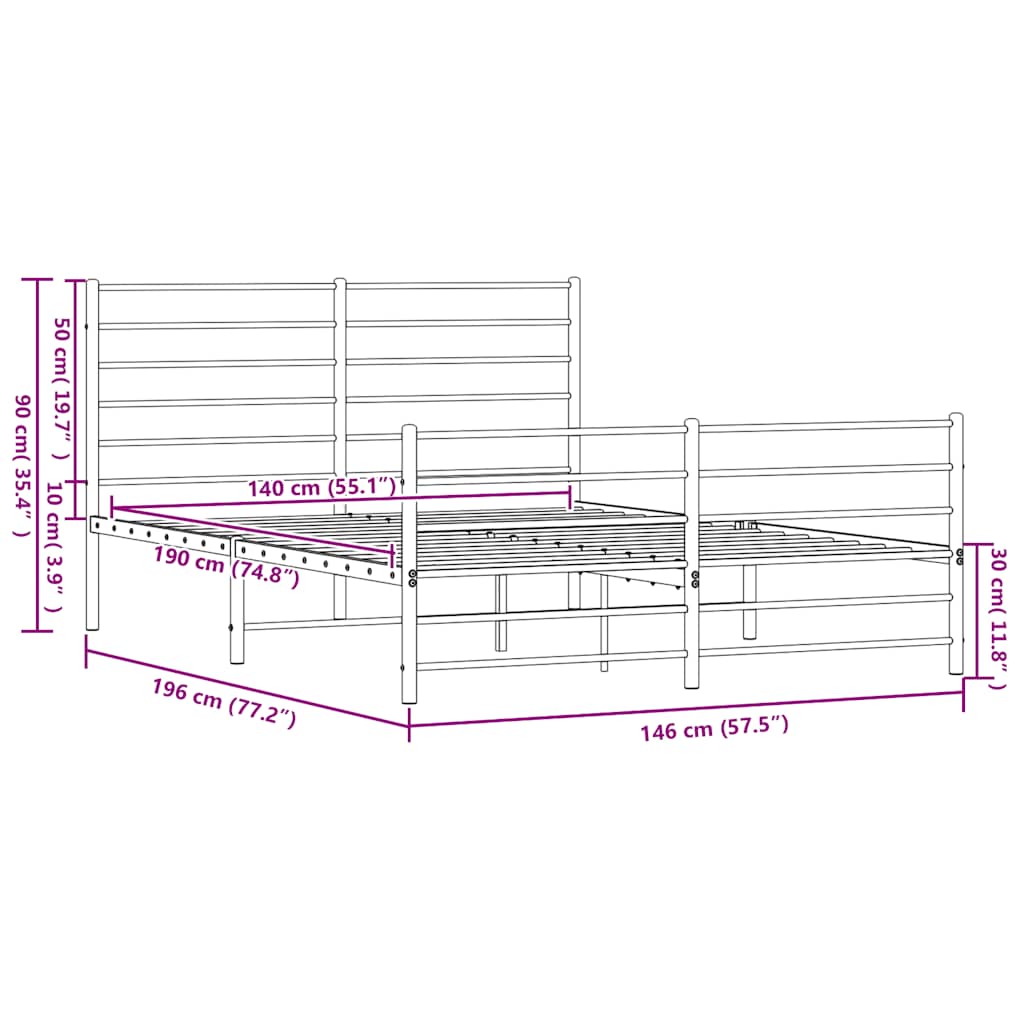 Metalni okvir kreveta uzglavlje i podnožje bijeli 140 x 190 cm