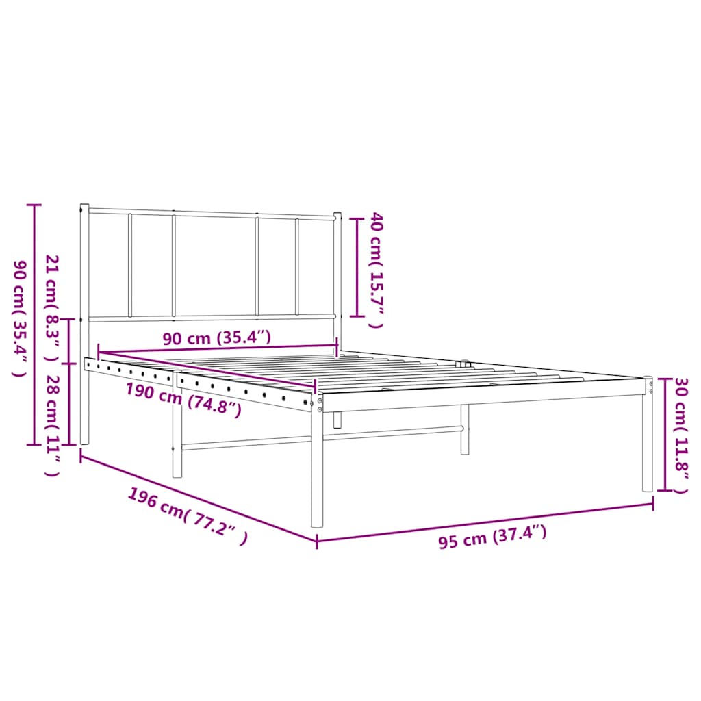 Metalni okvir za krevet s uzglavljem crni 90x190 cm
