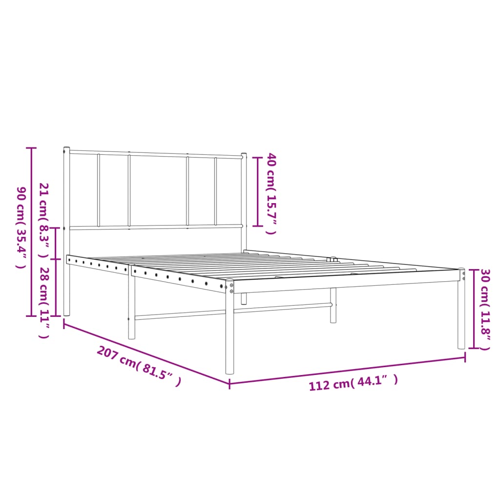 Metalni okvir za krevet s uzglavljem crni 107x203 cm