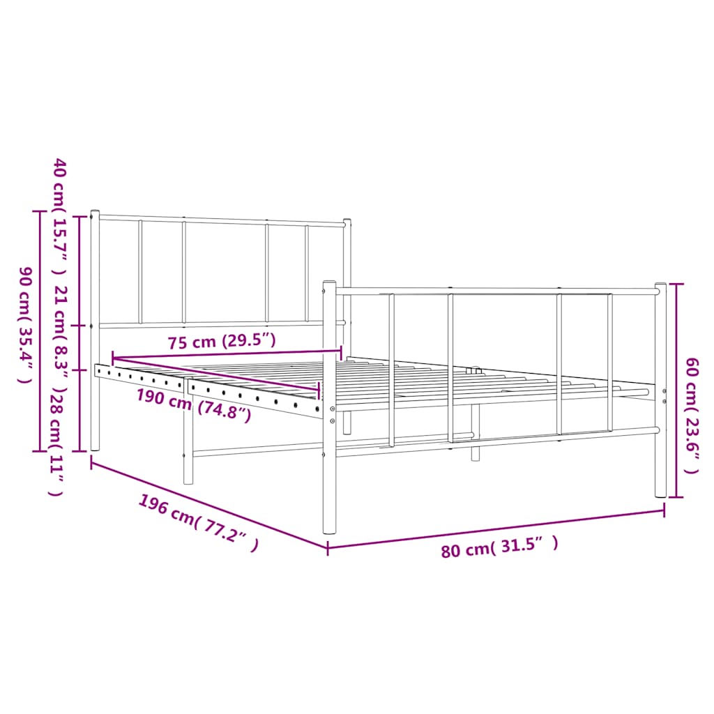 Metalni okvir kreveta uzglavlje i podnožje crni 75x190 cm