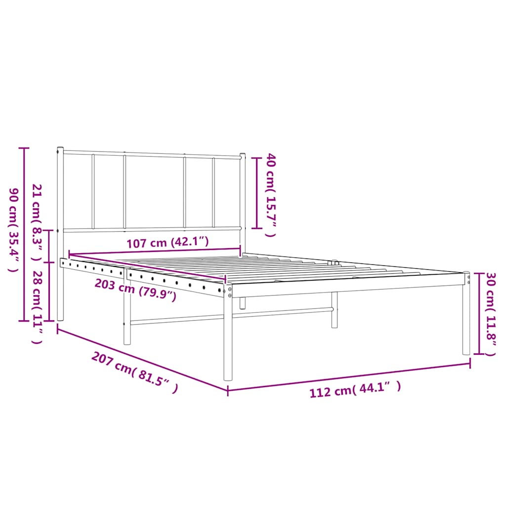 Metalni okvir za krevet s uzglavljem bijeli 107x203 cm