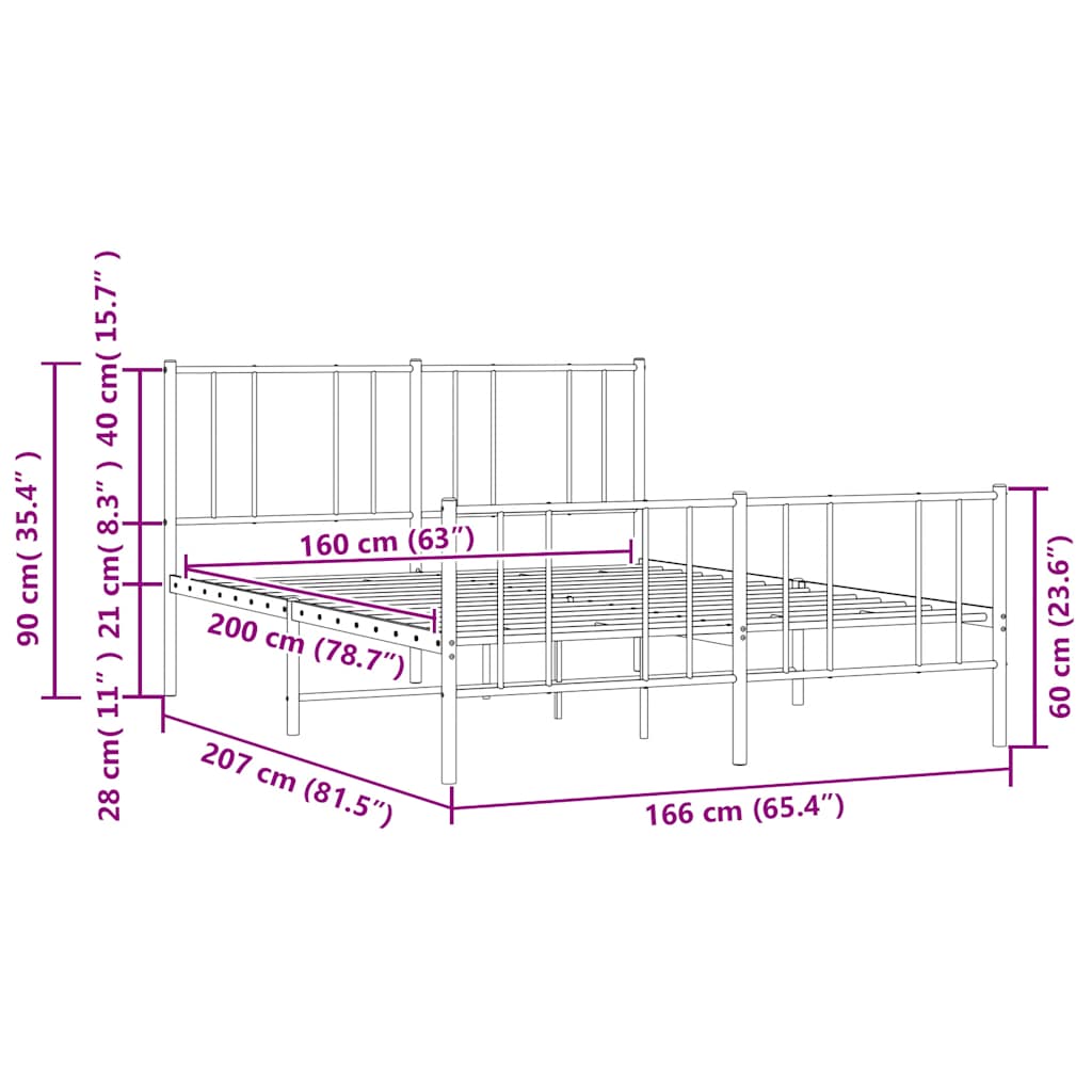Metalni okvir kreveta uzglavlje i podnožje bijeli 160x200 cm
