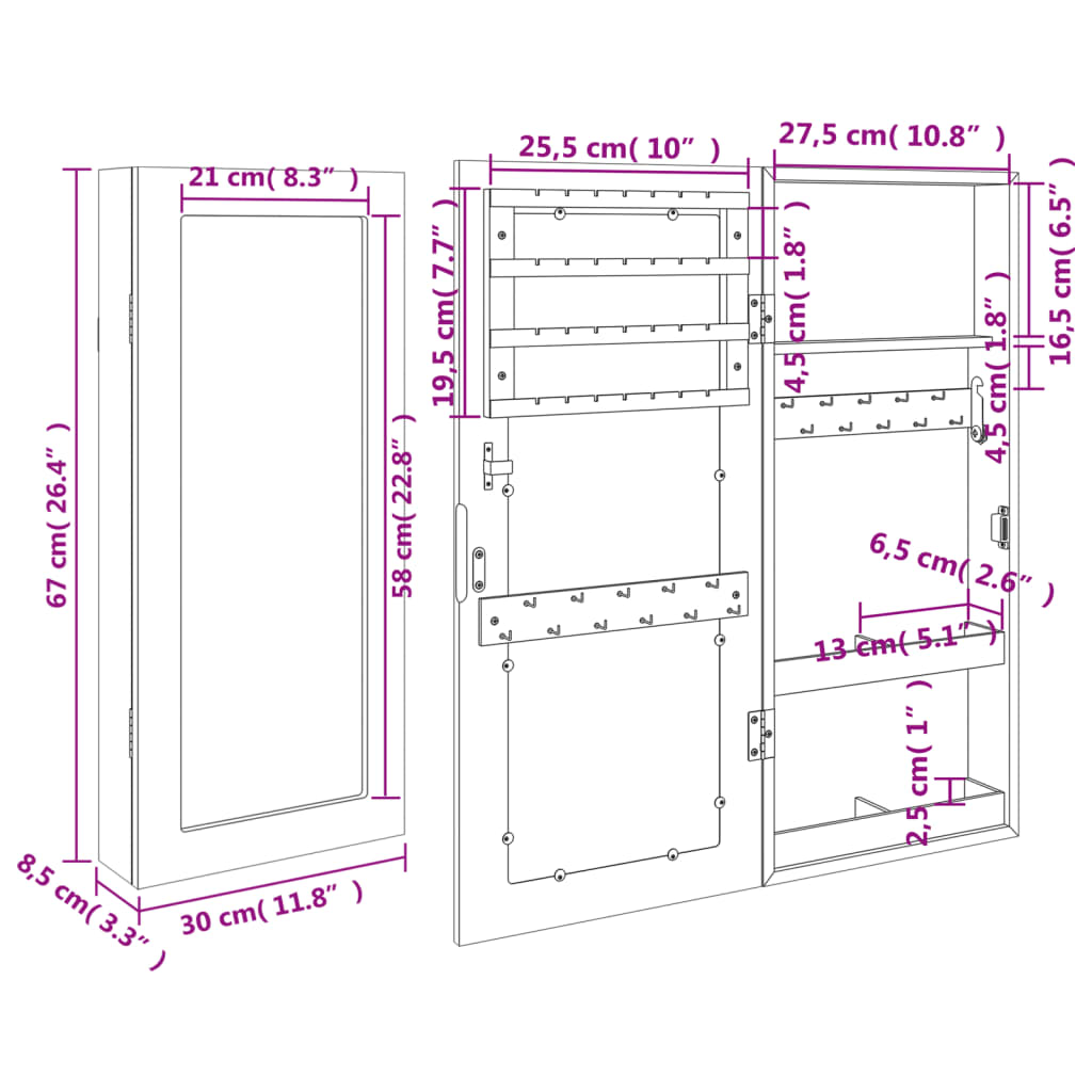 Zidni ormarić za nakit s ogledalom crni 30 x 8,5 x 67 cm