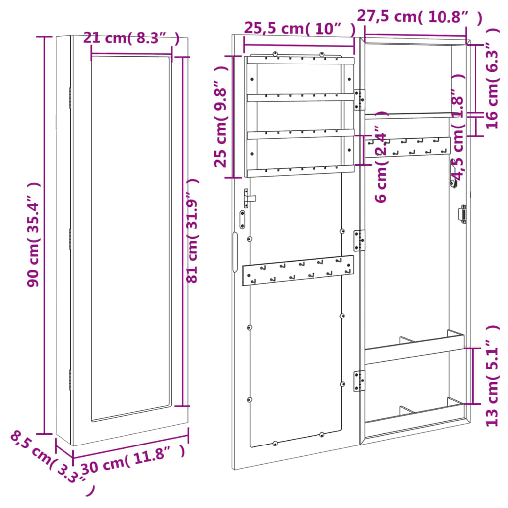 Zidni ormarić za nakit s ogledalom bijeli 30 x 8,5 x 90 cm
